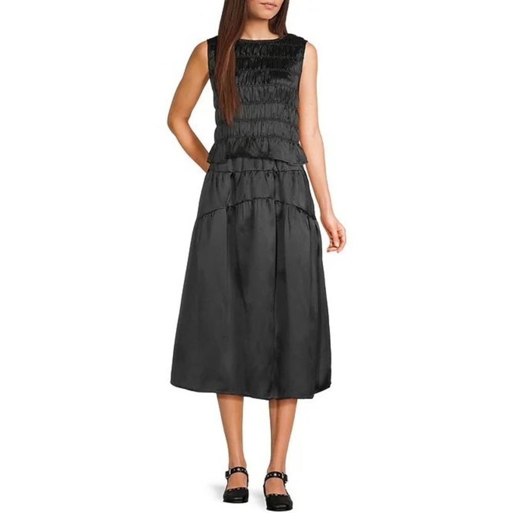NWT!! MOD REF Black Taffeta Midi Tiered Skirt Solid Elastic Waist X-Small